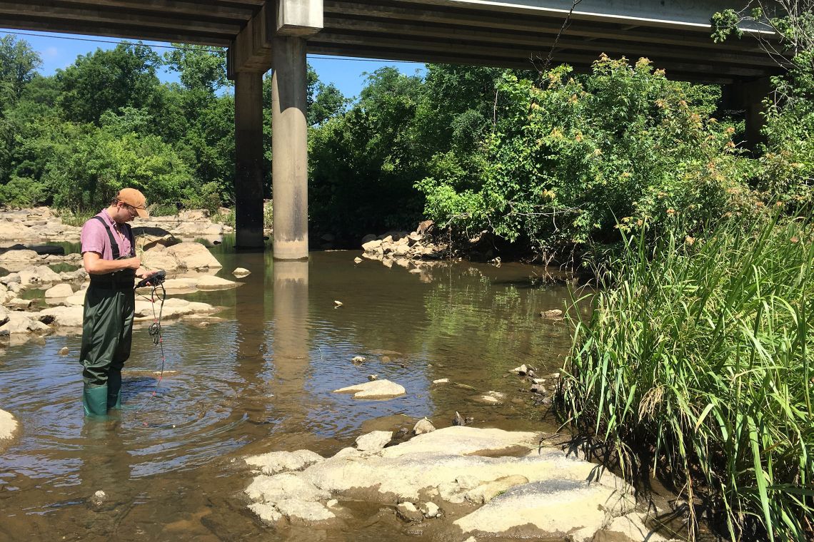 A member of the Stapleton lab sampling the water in the Haw River in North Carolina.