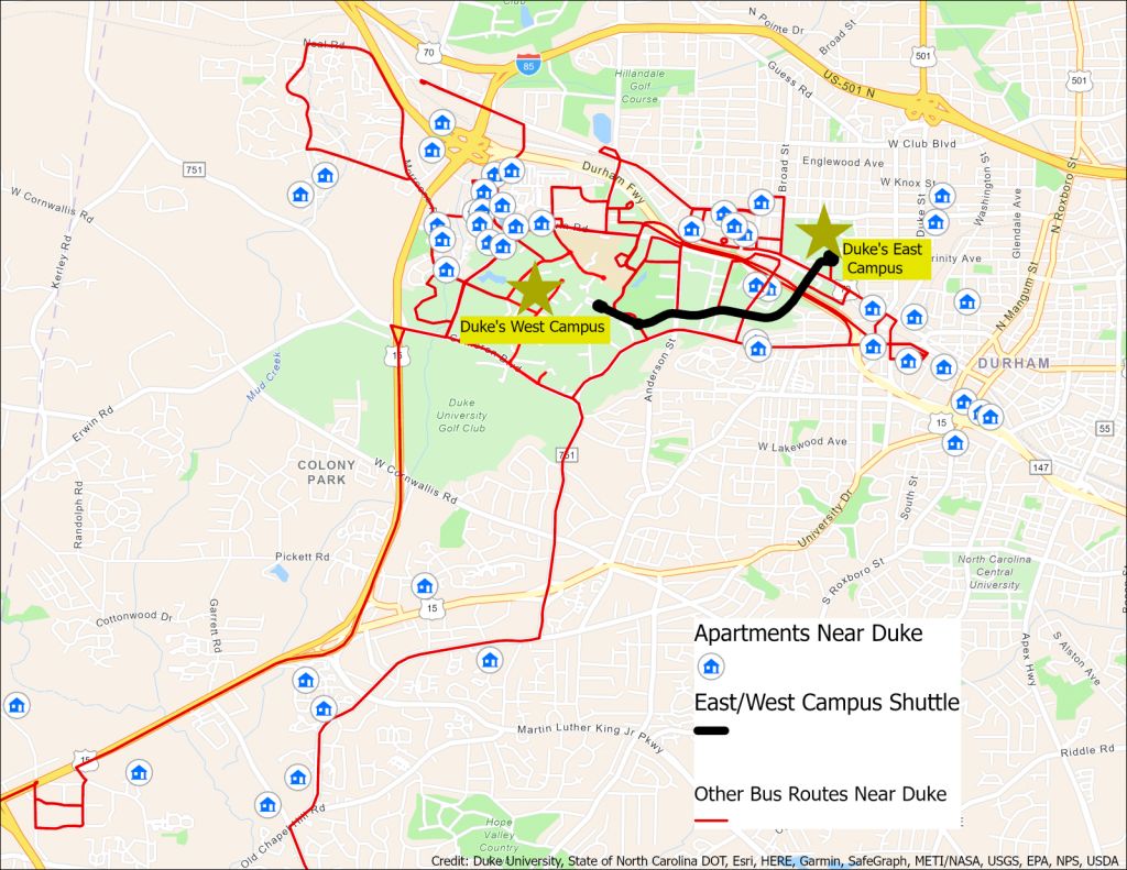 Map of East/West campus shuttle and other bus routes near Duke campus