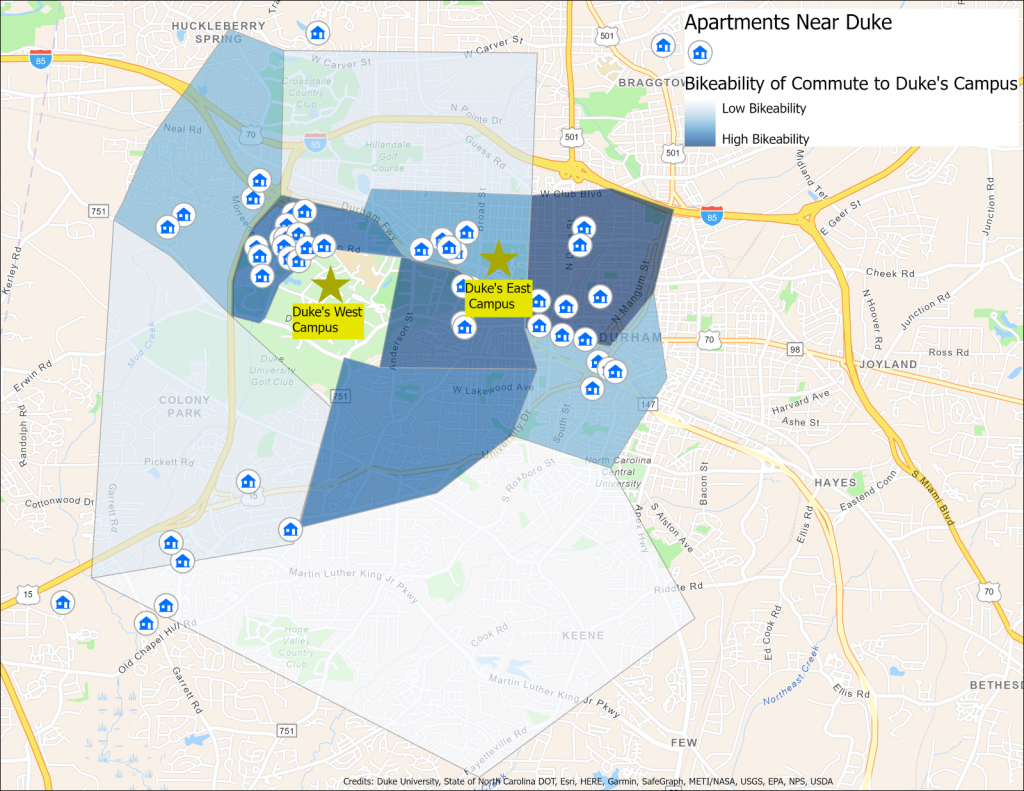 Map of Bikeability of Commute to Duke's Campus from Apartments Near Duke