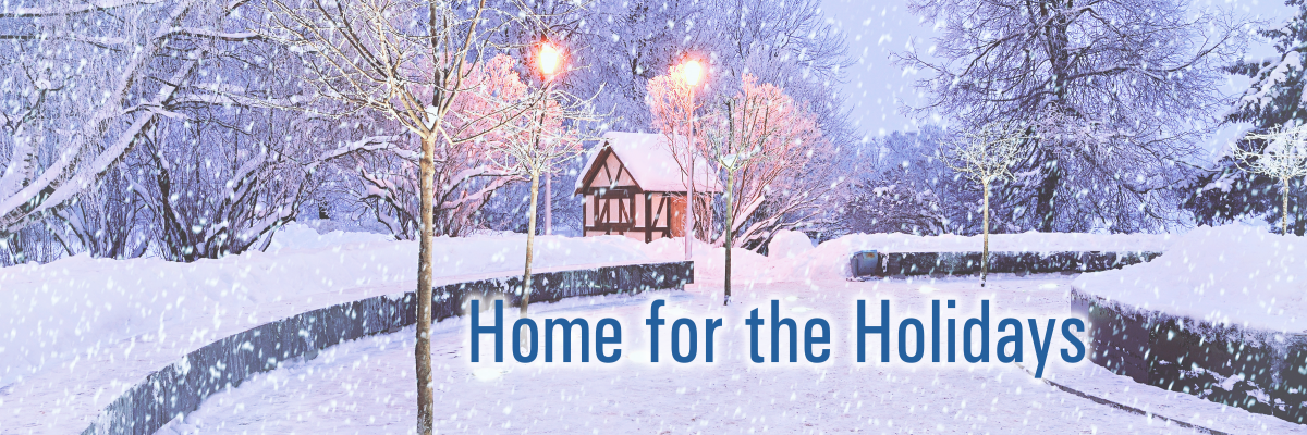 Home for the Holidays banner - house in a snowy landscape