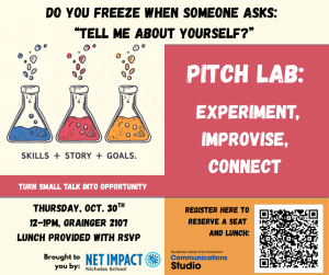 Image shows 3 colorful lab beakers as though they are mixing skills + story + goals. Text reads: "Do you freeze when someone asks: "tell me about yourself?" 
Pitch Lab: Turn small talk into opportunity"