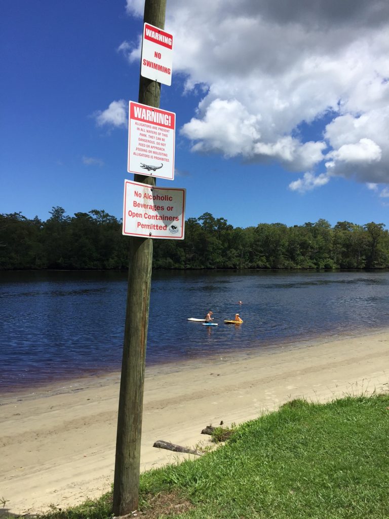 Alligator warning sign and people